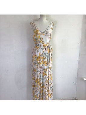 Nicole Miller Women Elegant White Yellow Floral V-Neck Maxi Dress Size 6